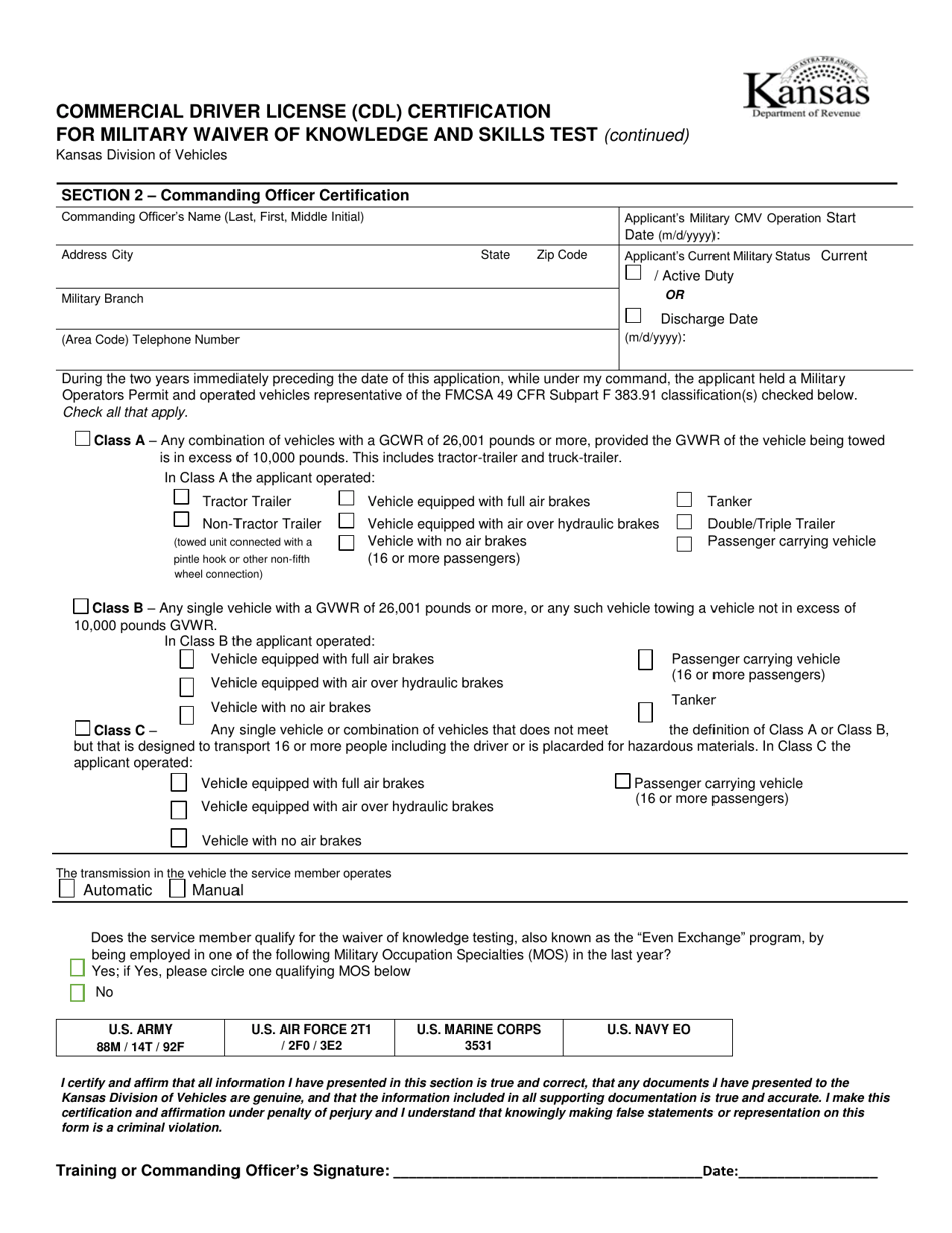 Commercial Driver License (Cdl) Certification for Military Waiver of Knowledge and Skills Test - Kansas, Page 2