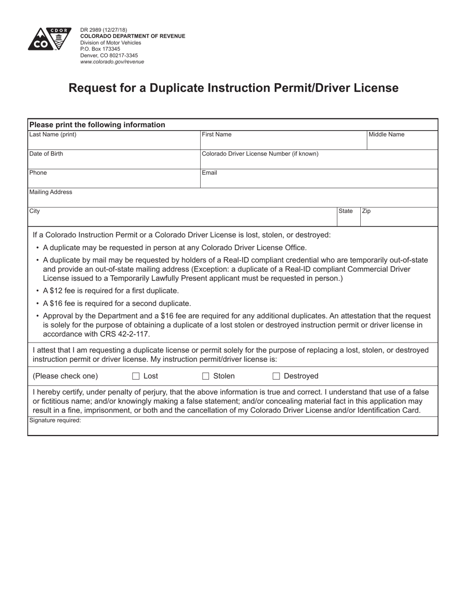 Form DR2989 Request for a Duplicate Instruction Permit / Driver License - Colorado, Page 1