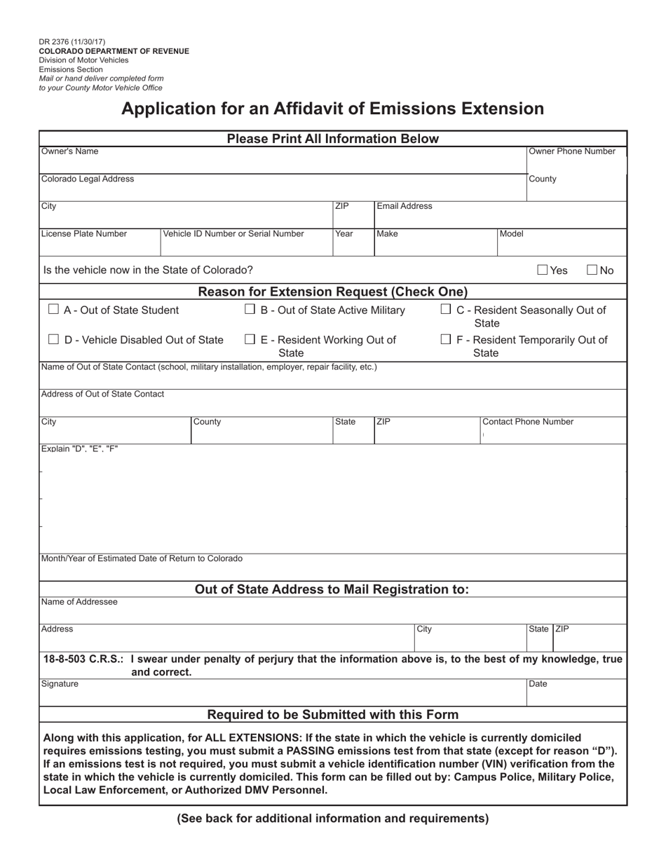 Form DR2376 Application for an Affidavit of Emissions Extension - Colorado, Page 1