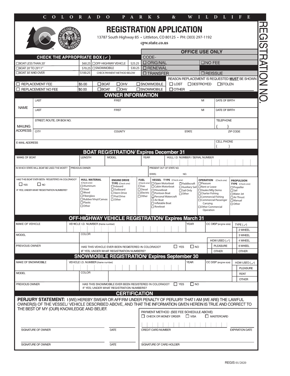 Boat Registration Form - Colorado, Page 1