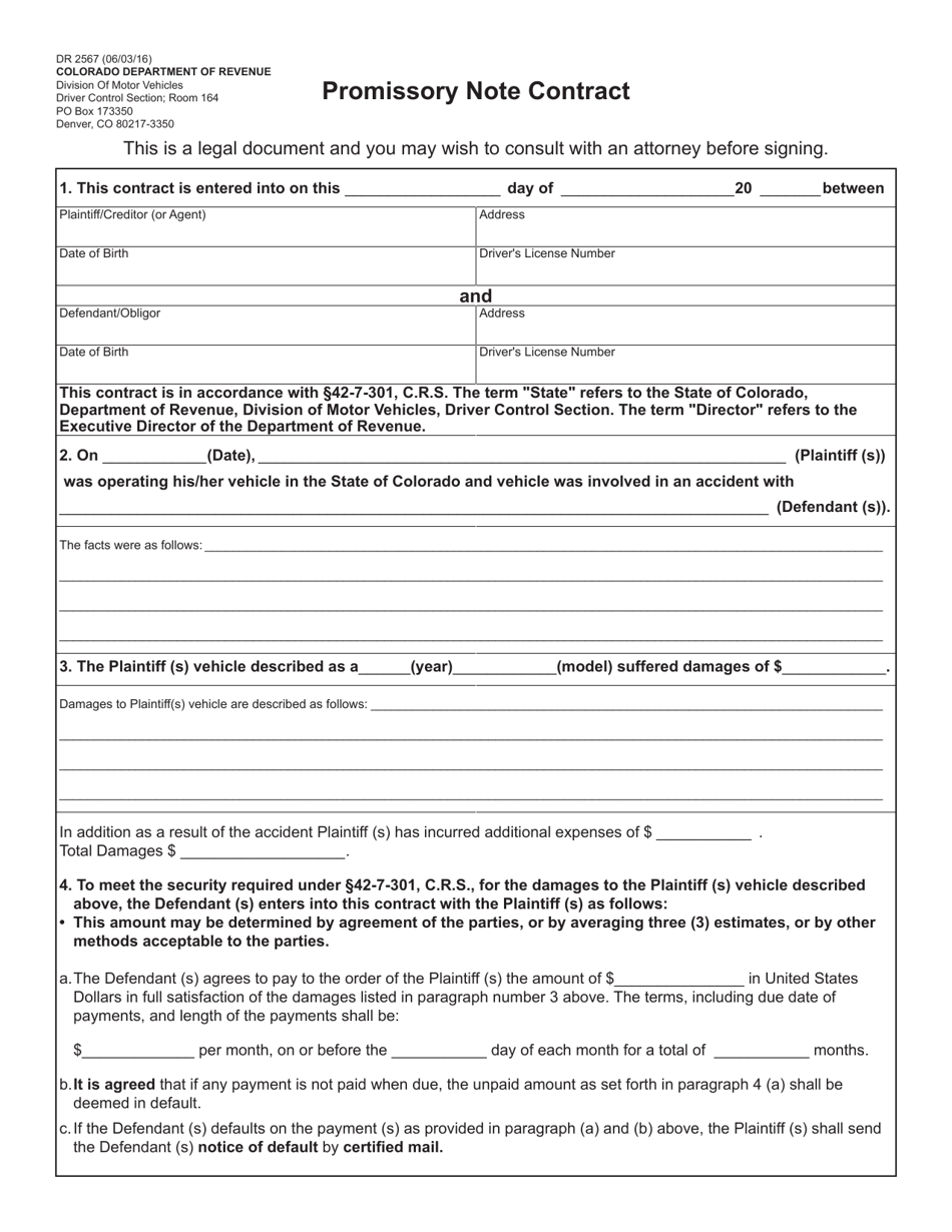 Form DR2567 Promissory Note Contract - Colorado, Page 1