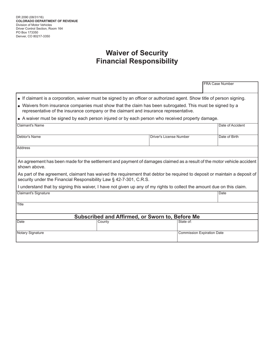 Form DR2090 Waiver of Security Financial Responsibility - Colorado, Page 1
