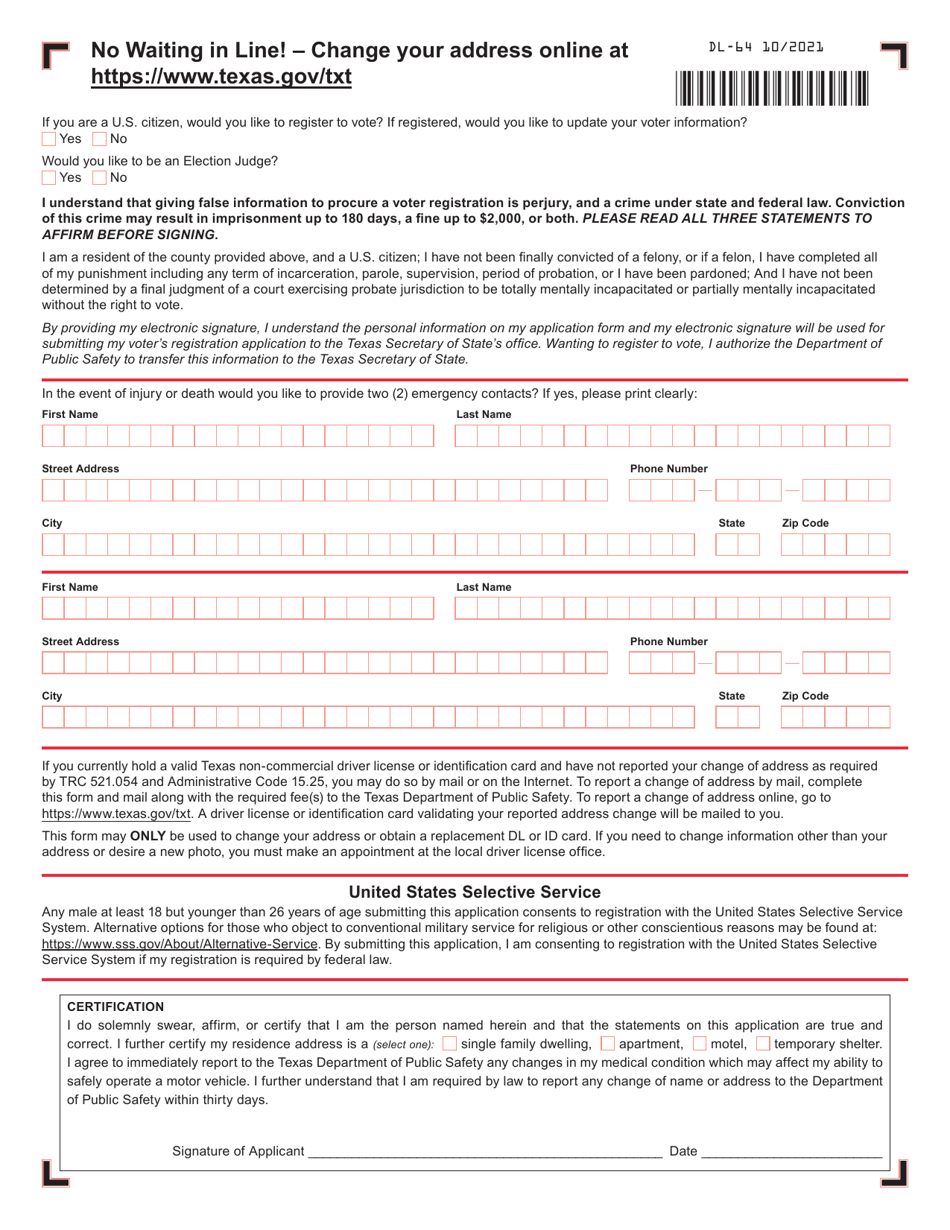 Form DL-64 Application for Change of Address or Replacement on Valid Texas Driver License (Dl), Commercial Driver License (Cdl)  Identification Card (Id) - Texas, Page 2