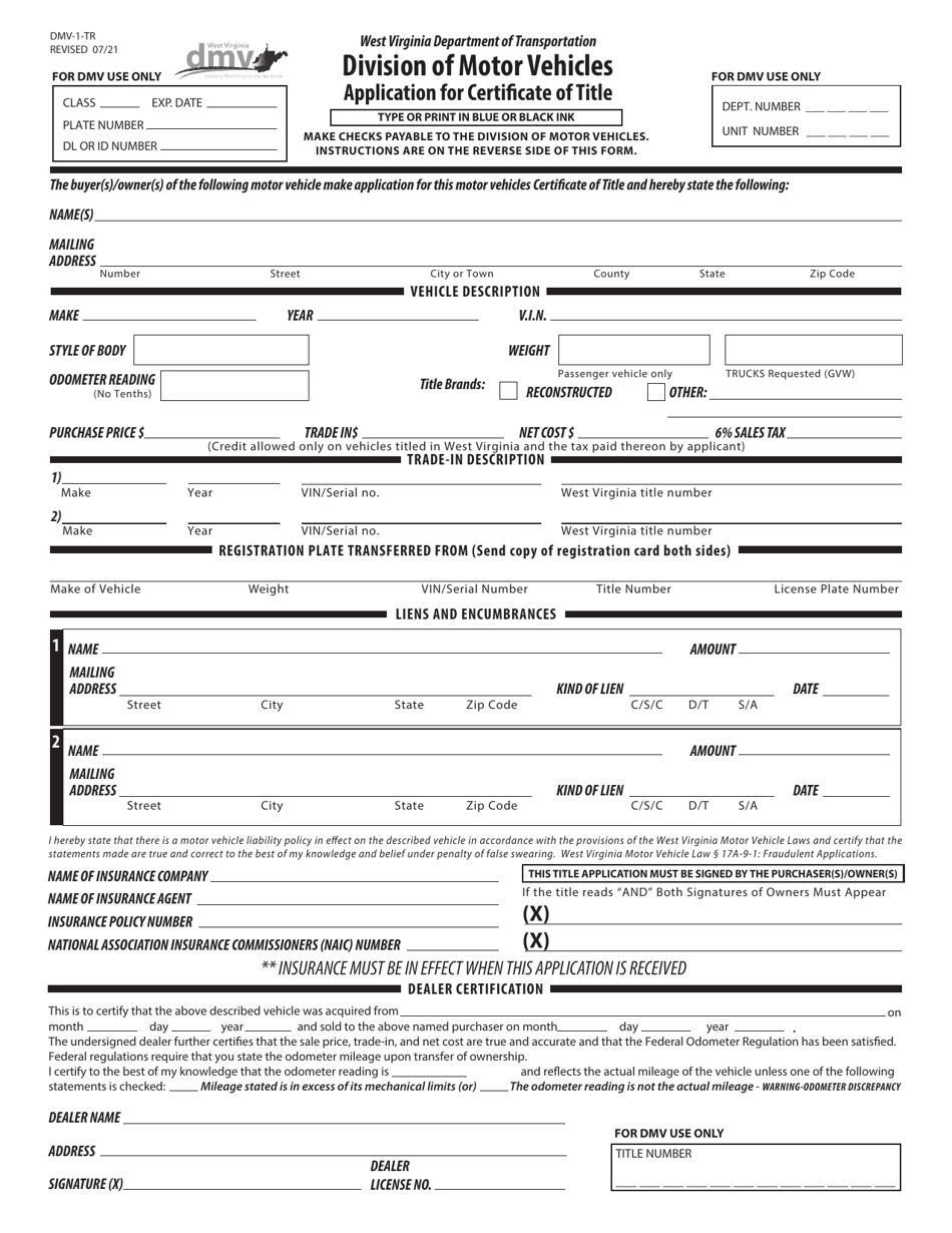 Form DMV-1-TR Application for Certificate of Title - West Virginia, Page 1