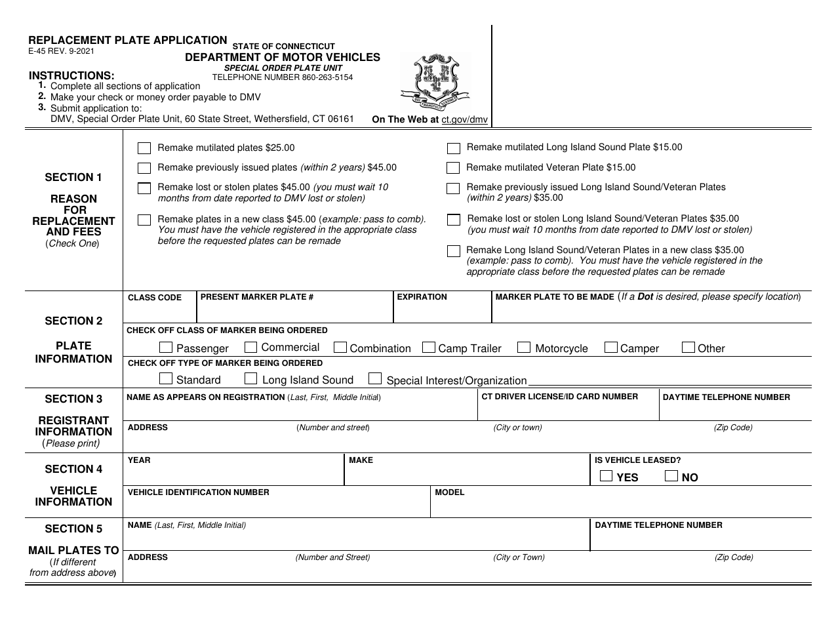 Form E-45 Replacement Plate Application - Connecticut