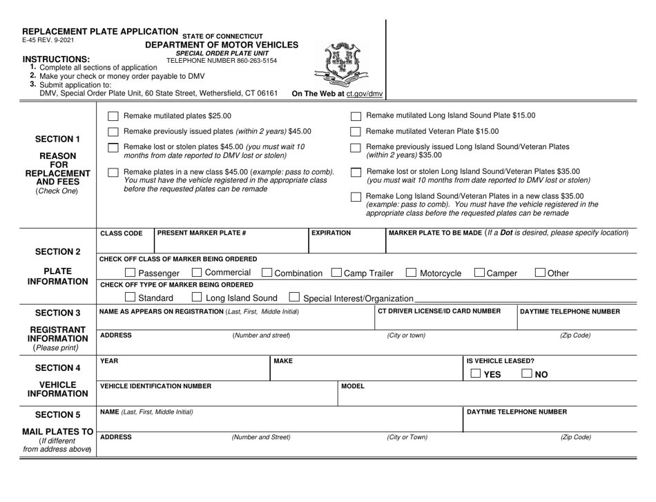 Form E-45 Replacement Plate Application - Connecticut, Page 1