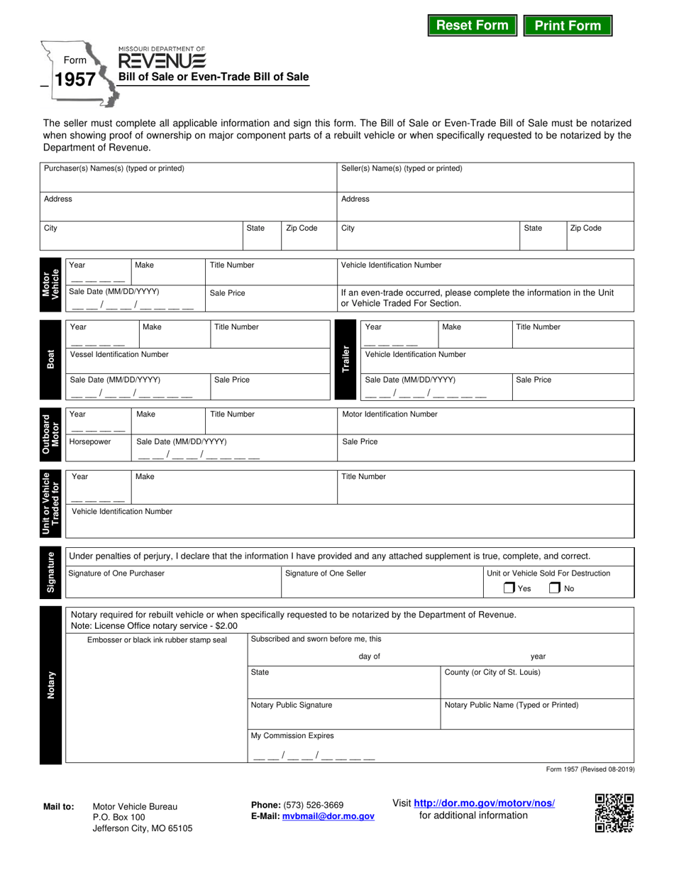 Form 1957 Download Fillable PDF or Fill Online Bill of Sale or Even