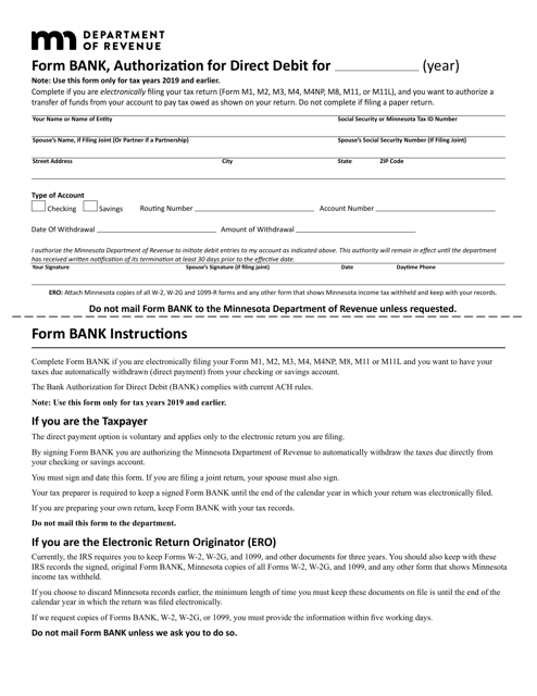 Form BANK Authorization for Direct Debit - Minnesota