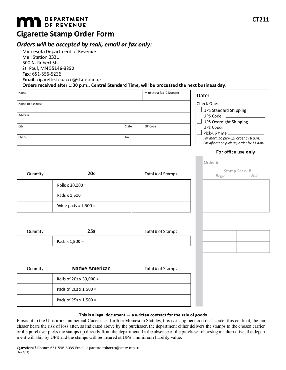 Form CT211 Cigarette Stamp Order Form - Minnesota, Page 1