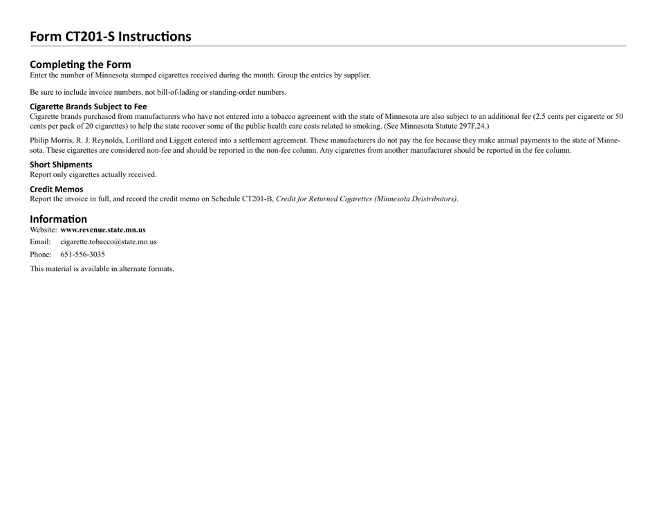 Form CT201-S Minnesota Stamped Cigarettes Received During the Month - Minnesota Distributors - Minnesota, Page 2