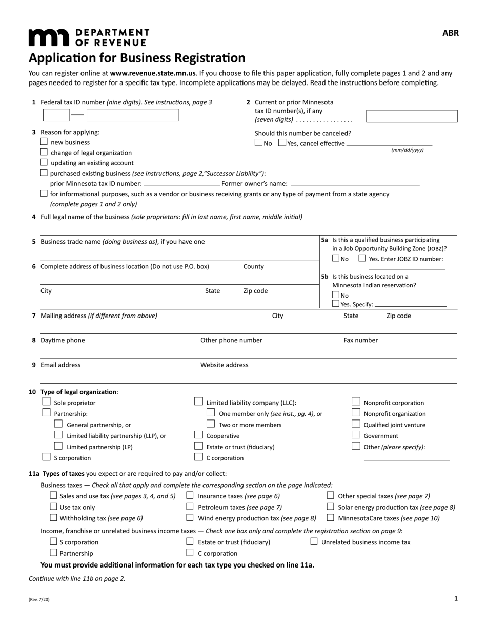 Form ABR Application for Business Registration - Minnesota, Page 1