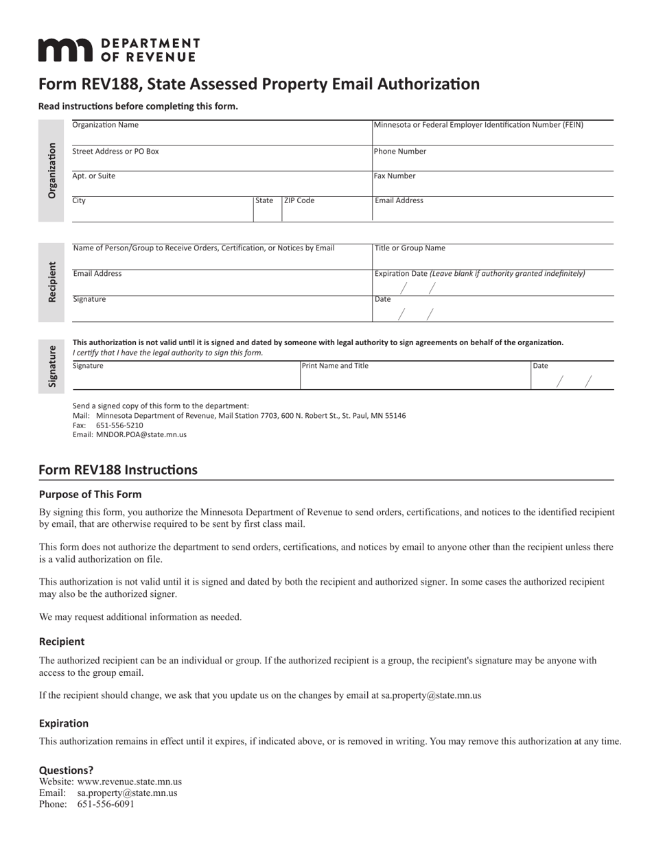 Form REV188 State Assessed Property Email Authorization - Minnesota, Page 1