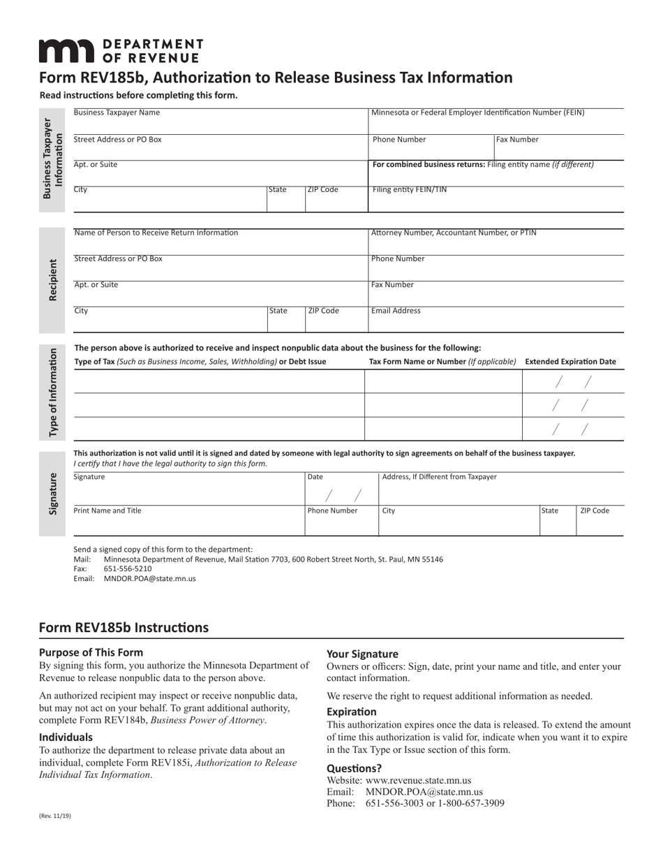 Form REV185B Authorization to Release Business Tax Information - Minnesota, Page 1