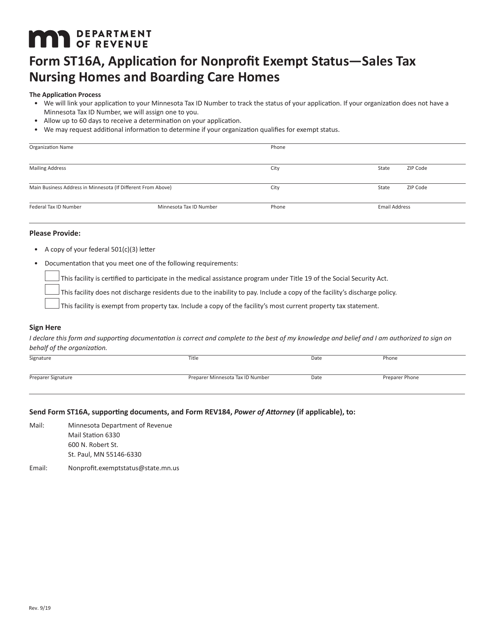 Form ST16A Application for Nonprofit Exempt Status - Sales Tax Nursing Homes and Boarding Care Homes - Minnesota