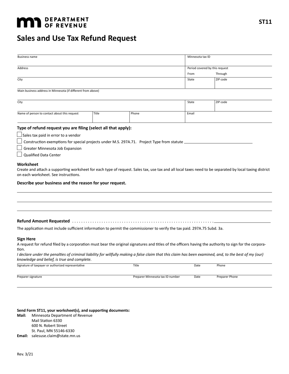 Form ST11 Sales and Use Tax Refund Request - Minnesota, Page 1