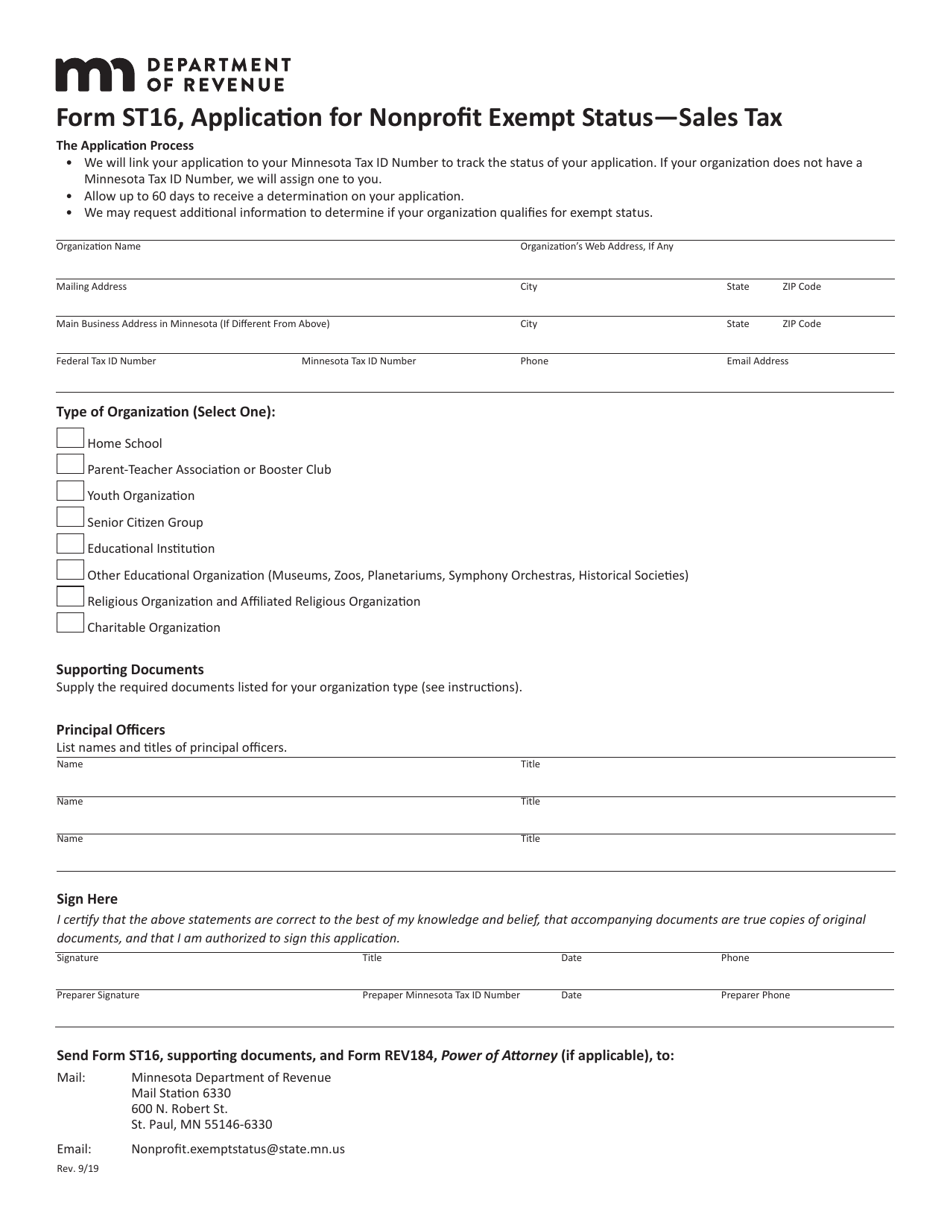 Form ST16 Application for Nonprofit Exempt Status - Sales Tax - Minnesota, Page 1