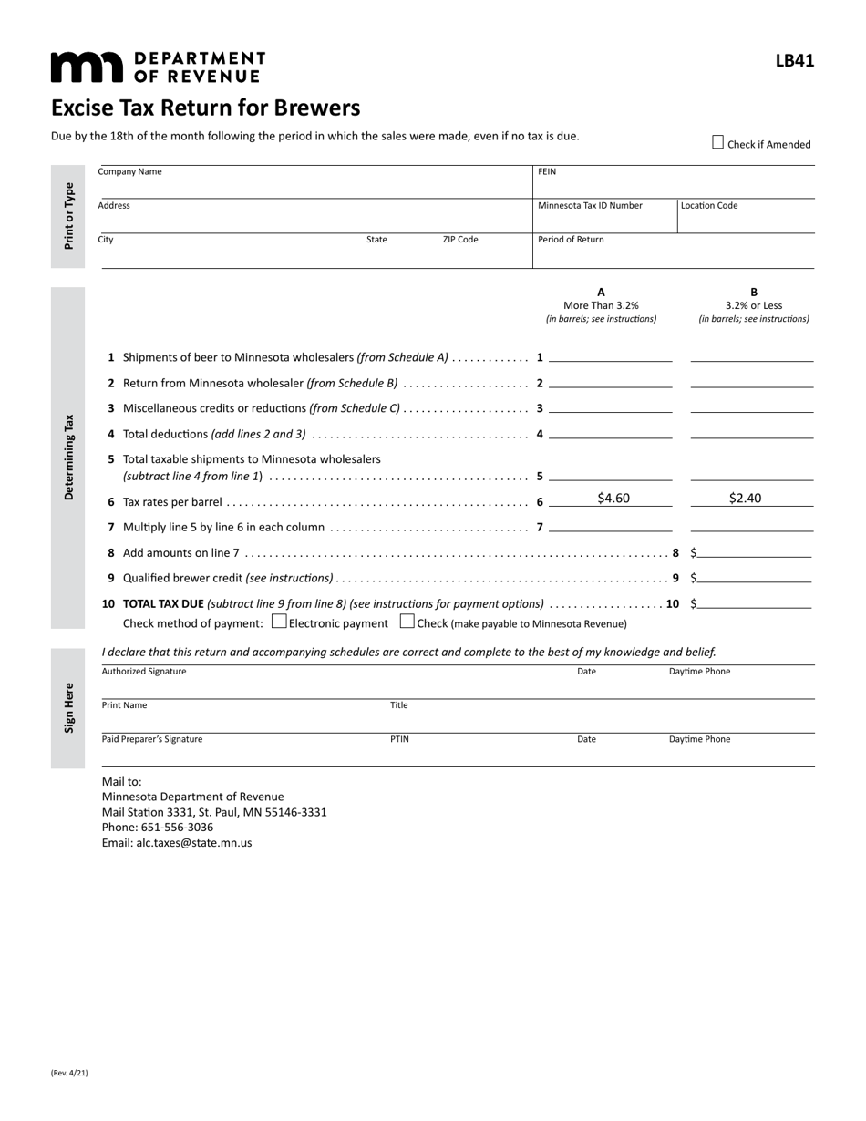Form LB41 Excise Tax Return for Brewers - Minnesota, Page 1
