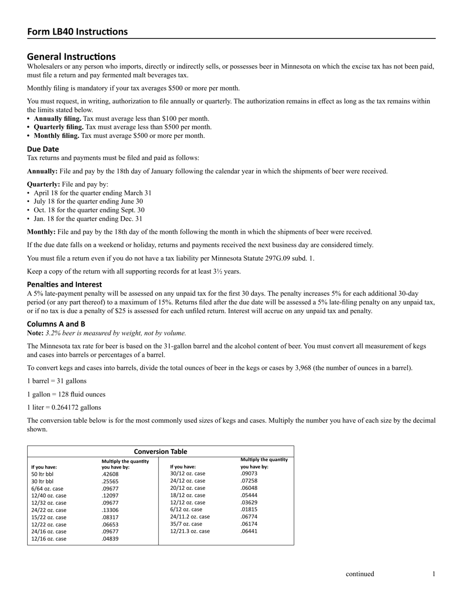 Form LB40 Malt Beverages Excise Tax Return - Minnesota, Page 3