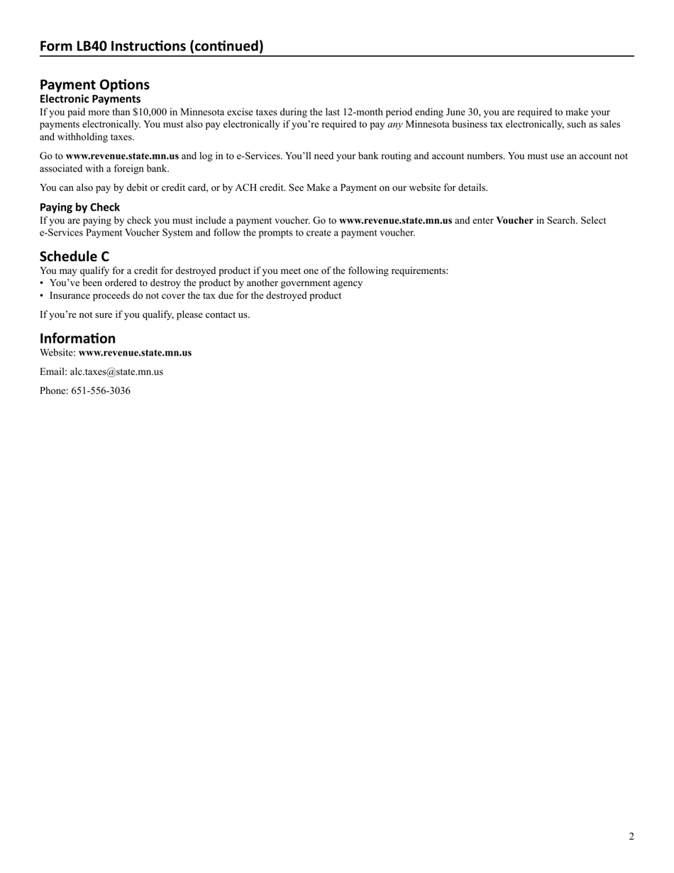 Form LB40 Malt Beverages Excise Tax Return - Minnesota, Page 4