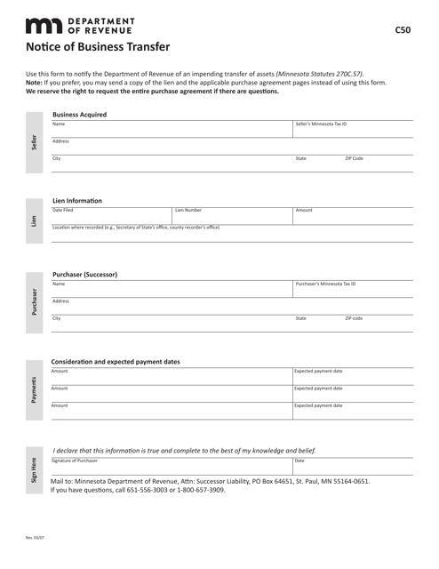 Form C50 Notice of Business Transfer - Minnesota
