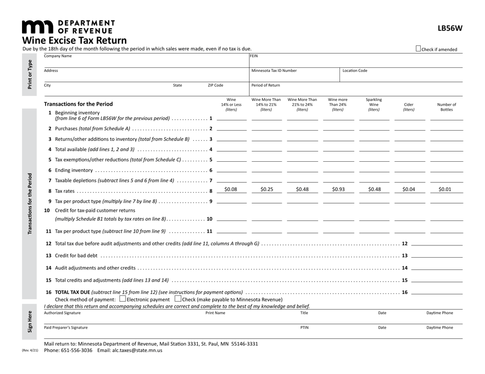 Form LB56W Wine Excise Tax Return - Minnesota, Page 1