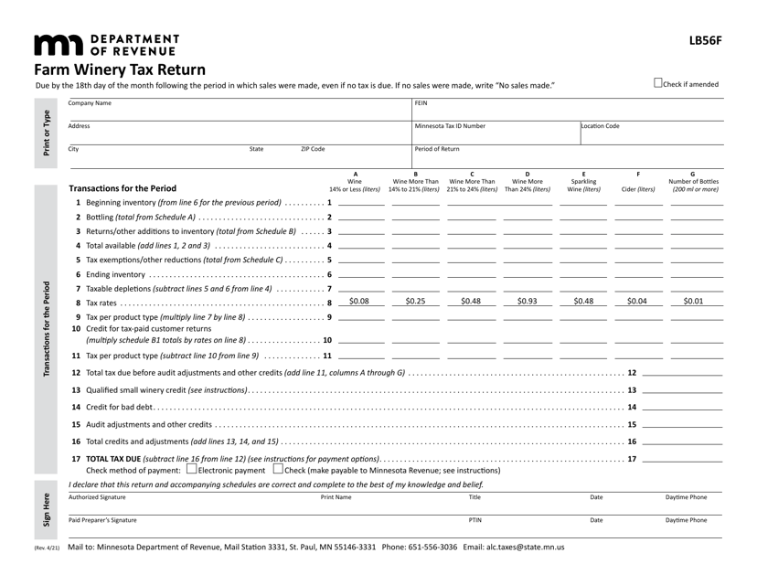 Form LB56F Farm Winery Tax Return - Minnesota