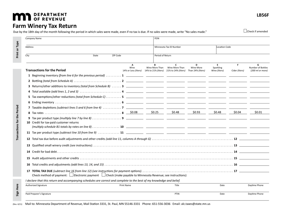Form LB56F Download Fillable PDF or Fill Online Farm Winery Tax Return, Minnesota 2018 — 2024