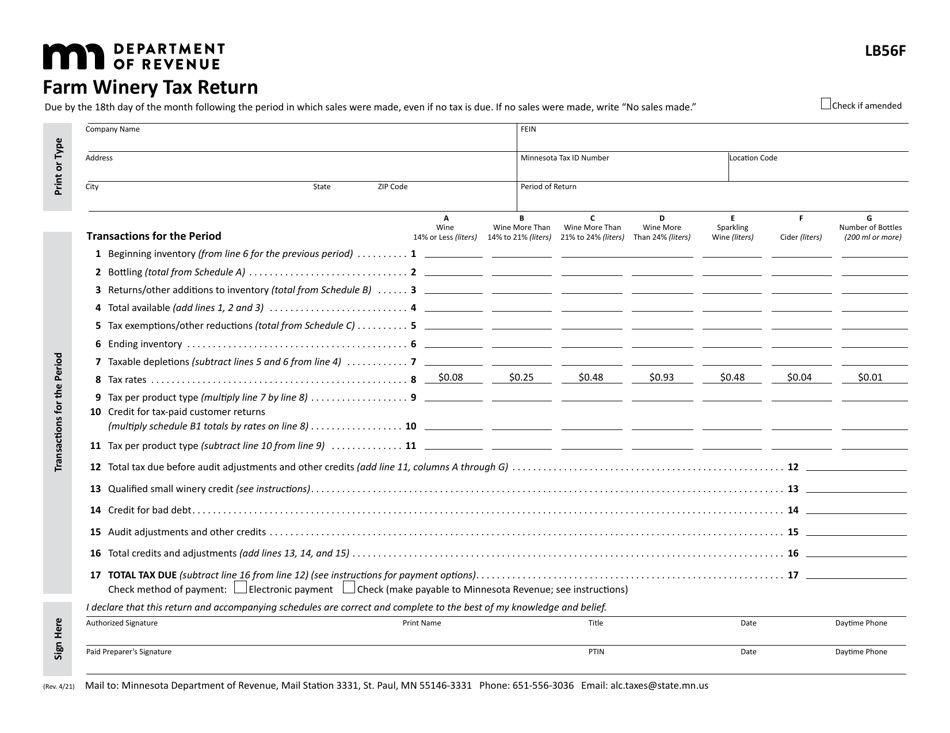 Form LB56F Farm Winery Tax Return - Minnesota, Page 1