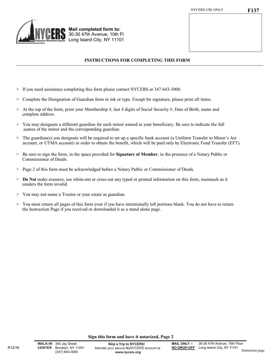 Form F137 Designation of Guardian When Designating a Minor as Beneficiary - New York City, Page 3