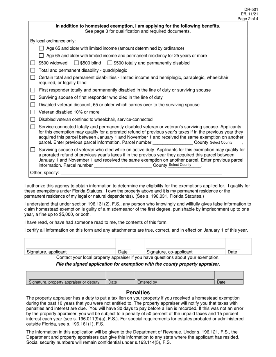 Form DR-501 Original Application for Homestead and Related Tax Exemptions - Florida, Page 2