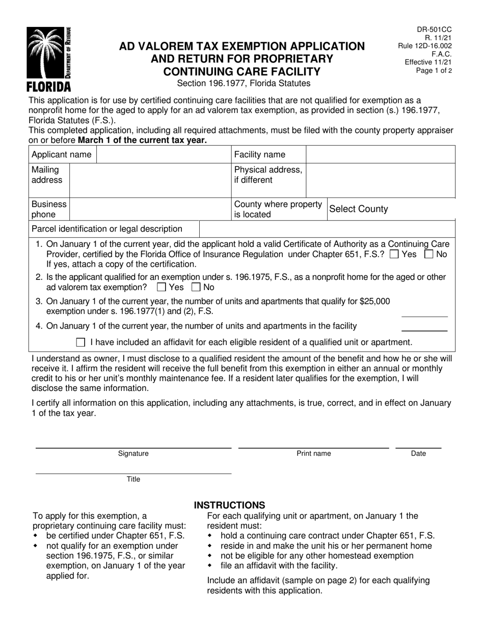 Form DR-501CC Ad Valorem Tax Exemption Application and Return for Proprietary Continuing Care Facility - Florida, Page 1