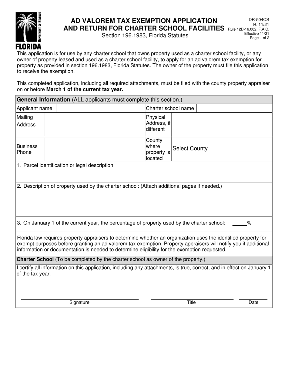 Form DR-504CS Ad Valorem Tax Exemption Application and Return for Charter School Facilities - Florida, Page 1