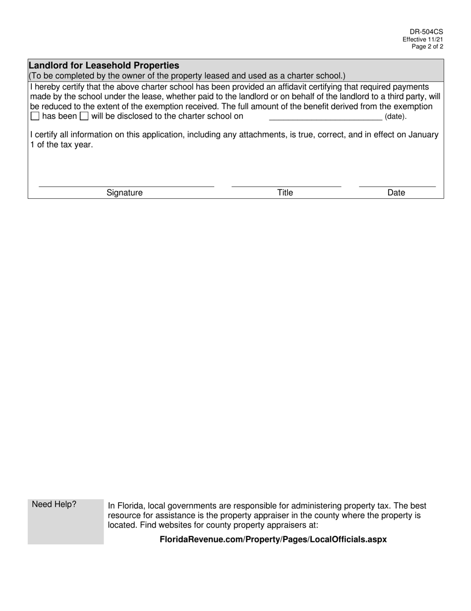 Form DR-504CS Ad Valorem Tax Exemption Application and Return for Charter School Facilities - Florida, Page 2