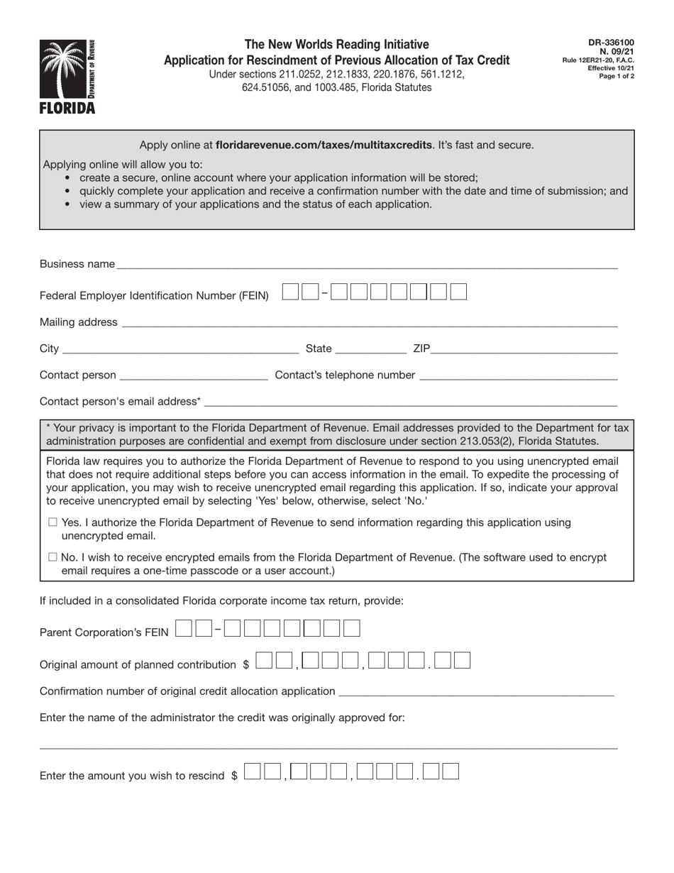 Form DR-336100 The New Worlds Reading Initiative Application for Rescindment of Previous Allocation of Tax Credit - Florida, Page 1
