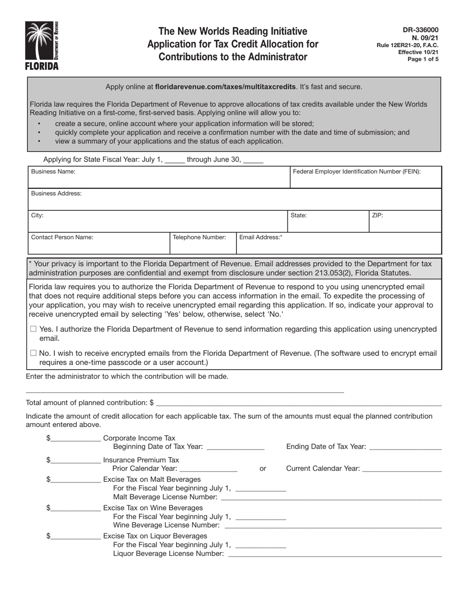 Form DR-336000 The New Worlds Reading Initiative Application for Tax Credit Allocation for Contributions to the Administrator - Florida, Page 1