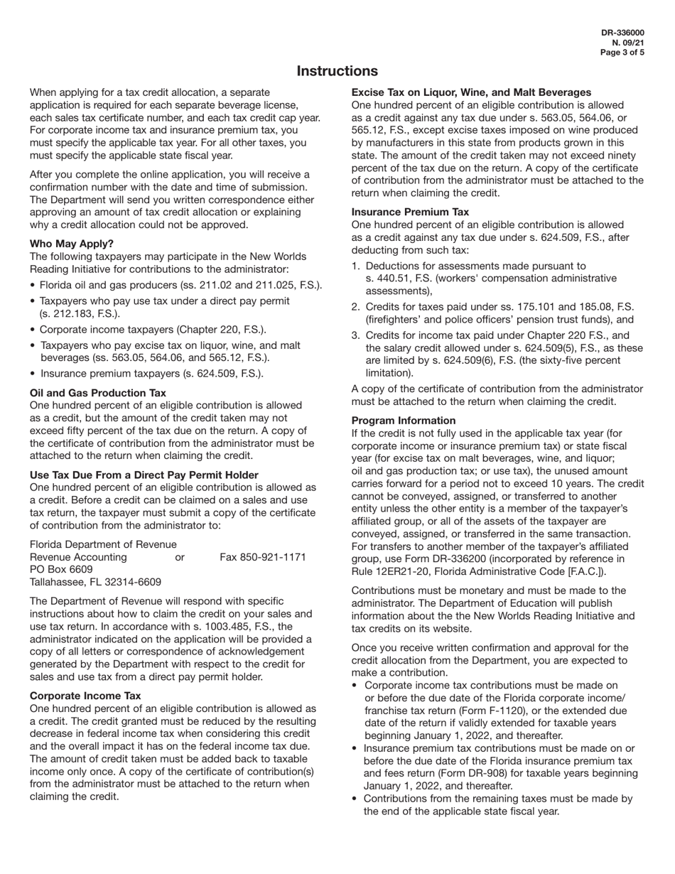Form DR-336000 The New Worlds Reading Initiative Application for Tax Credit Allocation for Contributions to the Administrator - Florida, Page 3