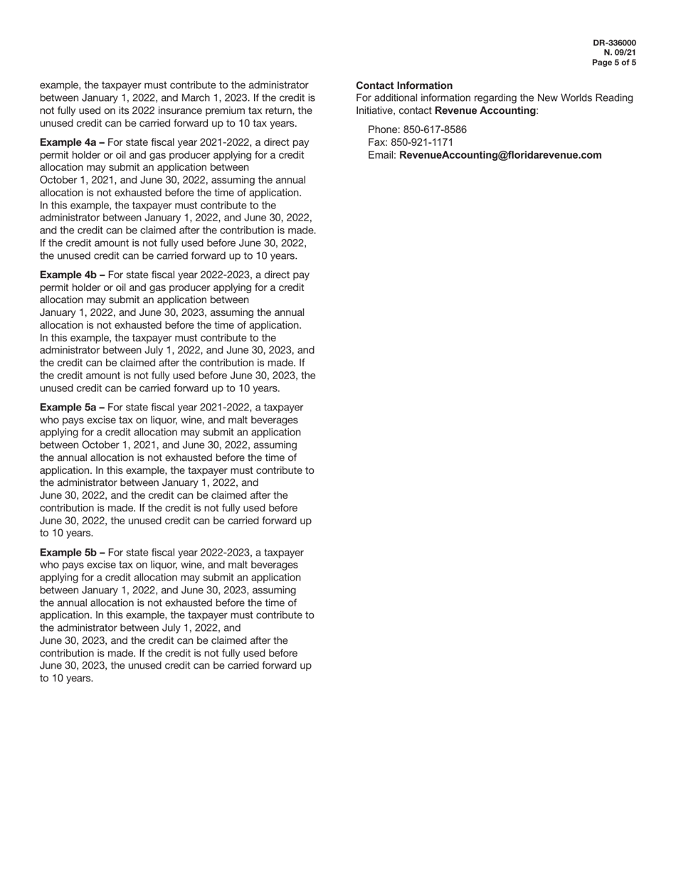 Form DR-336000 The New Worlds Reading Initiative Application for Tax Credit Allocation for Contributions to the Administrator - Florida, Page 5