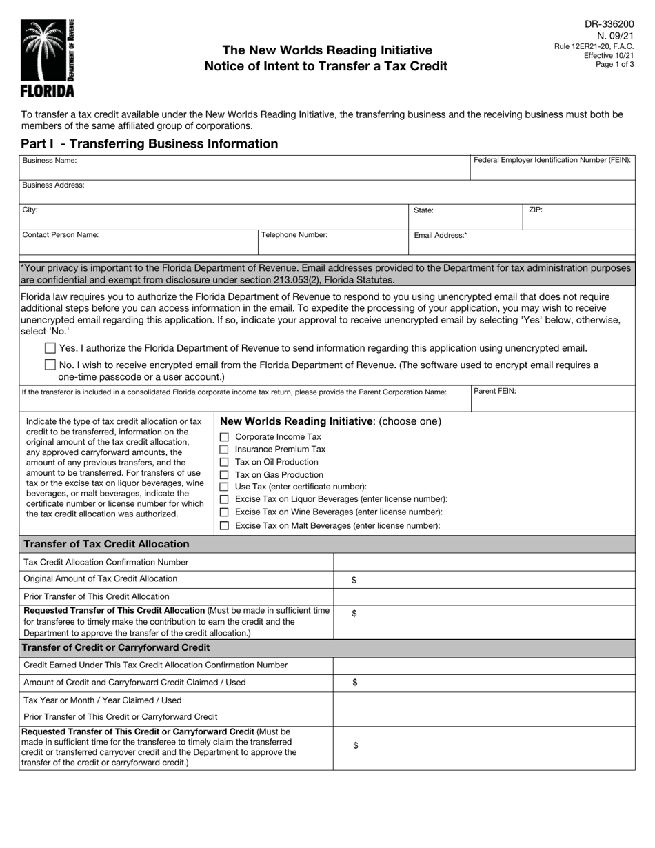 Form DR-336200 The New Worlds Reading Initiative Notice of Intent to Transfer a Tax Credit - Florida, Page 1