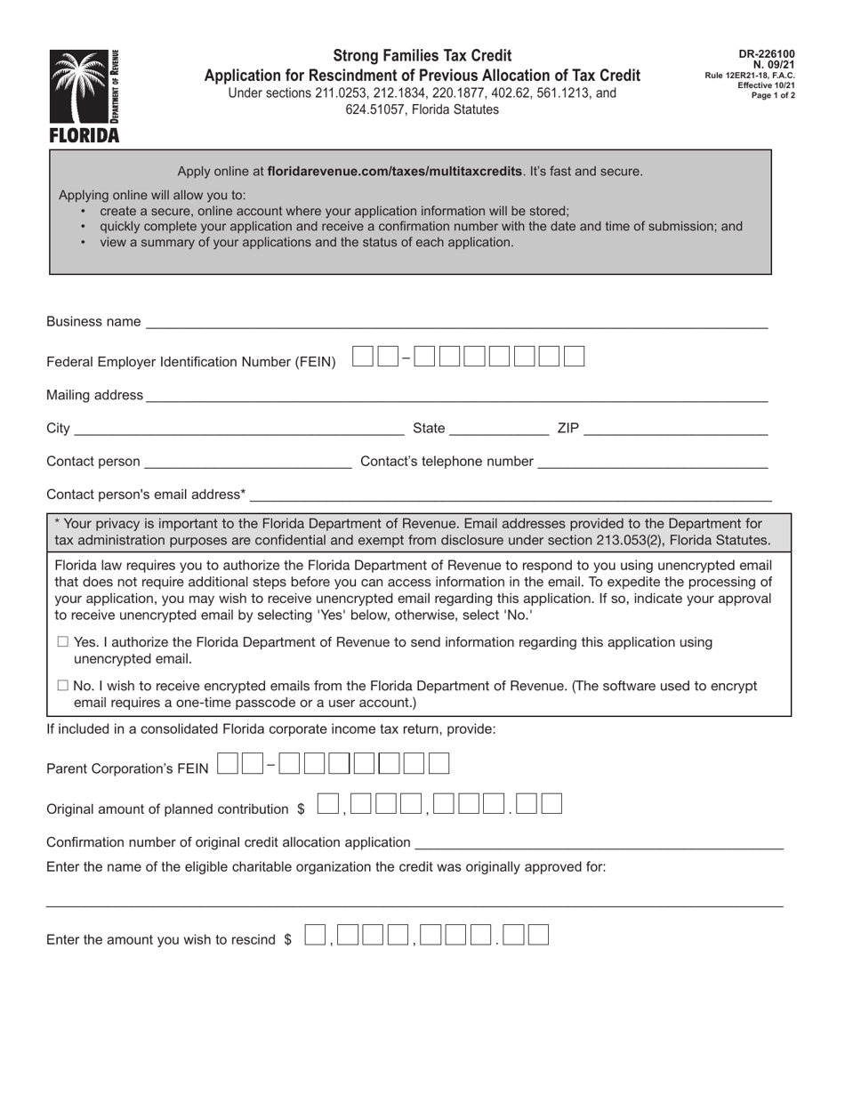 Form DR-226100 Strong Families Tax Credit Application for Rescindment of Previous Allocation of Tax Credit - Florida, Page 1