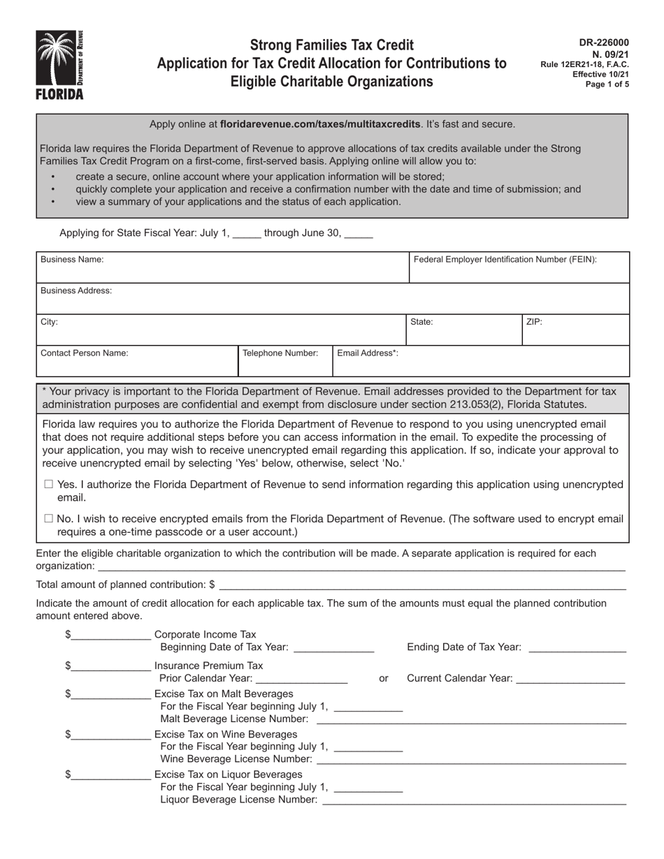 Form DR-226000 Strong Families Tax Credit Application for Tax Credit Allocation for Contributions to Eligible Charitable Organizations - Florida, Page 1