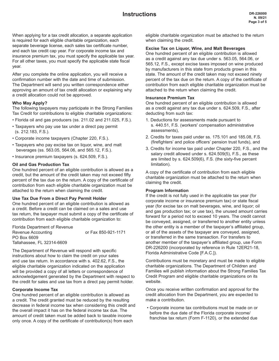 Form DR-226000 Strong Families Tax Credit Application for Tax Credit Allocation for Contributions to Eligible Charitable Organizations - Florida, Page 3