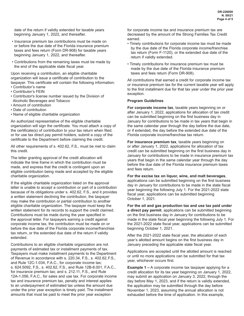 Form DR-226000 Strong Families Tax Credit Application for Tax Credit Allocation for Contributions to Eligible Charitable Organizations - Florida, Page 4