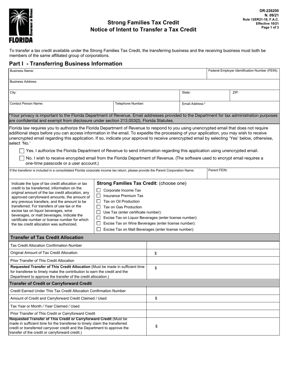 Form DR-226200 Strong Families Tax Credit Notice of Intent to Transfer a Tax Credit - Florida, Page 1