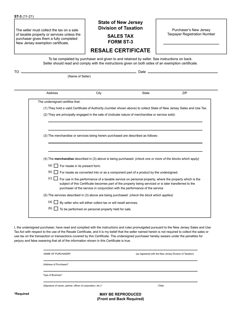 Form ST 3 Download Printable PDF or Fill Online Resale Certificate New