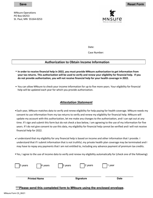 Document preview: Form C5 Authorization to Obtain Income Information - Minnesota