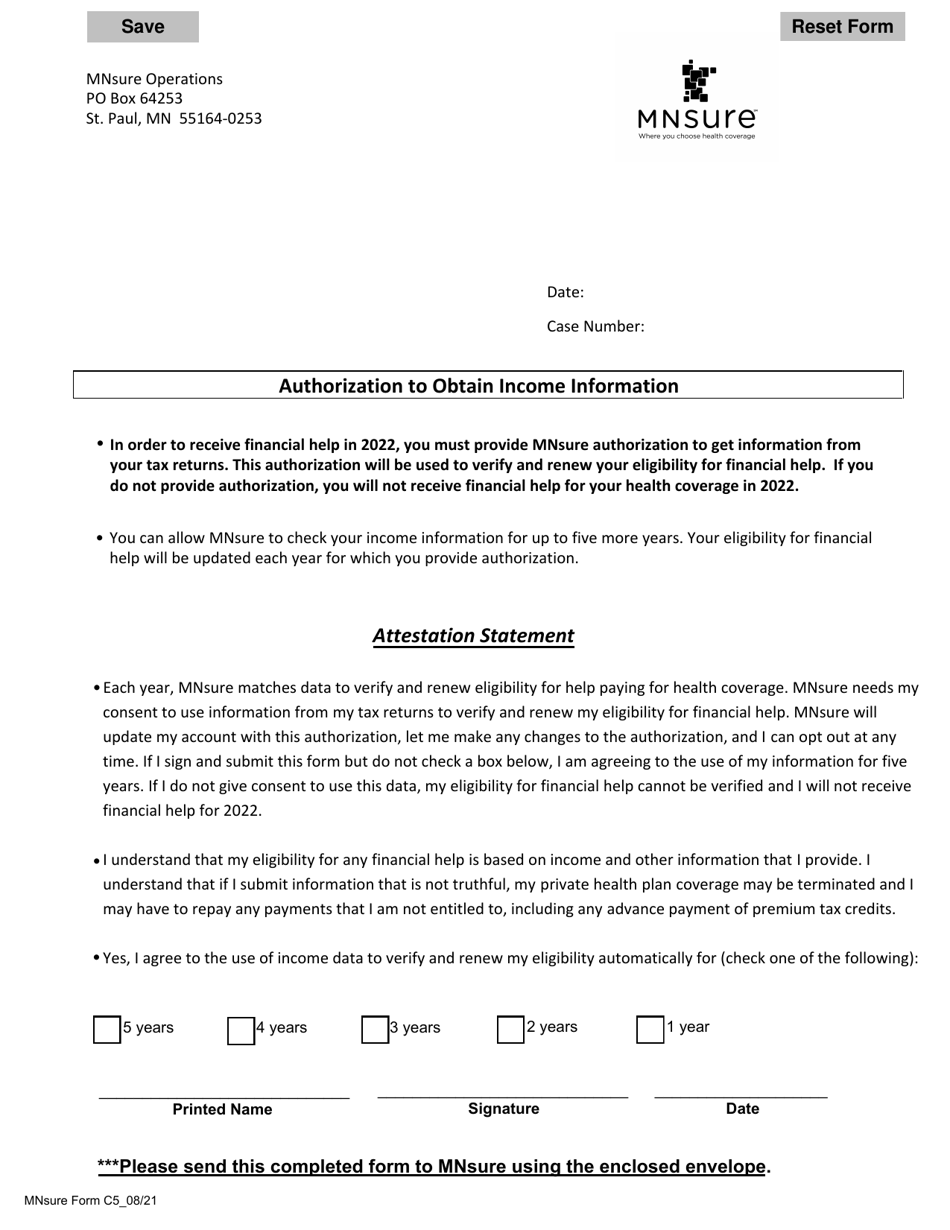 Form C5 Authorization to Obtain Income Information - Minnesota, Page 1