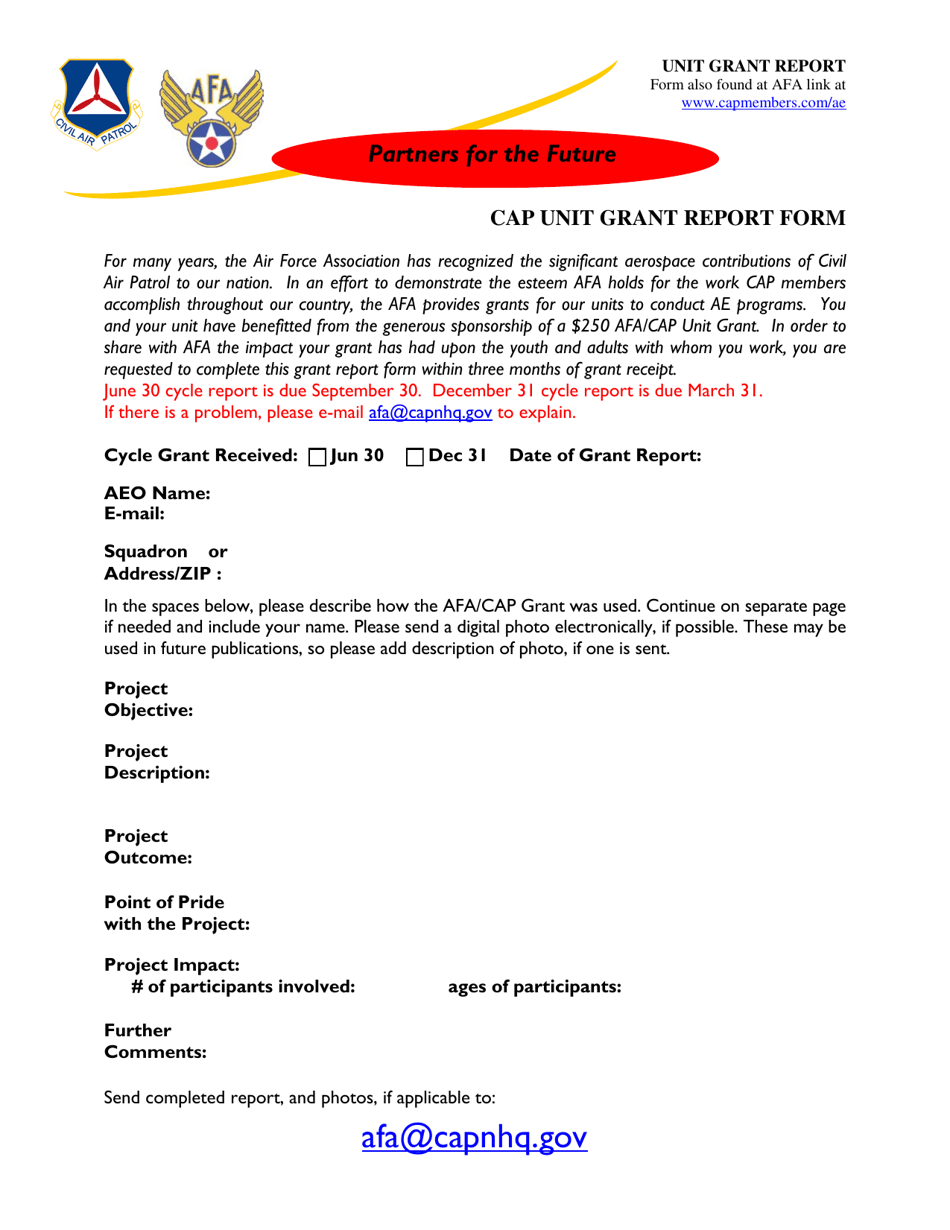CAP Unit Grant Report Form, Page 1