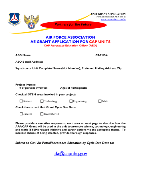 &quot;Air Force Association AE Grant Application for CAP Units - CAP Aerospace Education Officer (Aeo)&quot; Download Pdf
