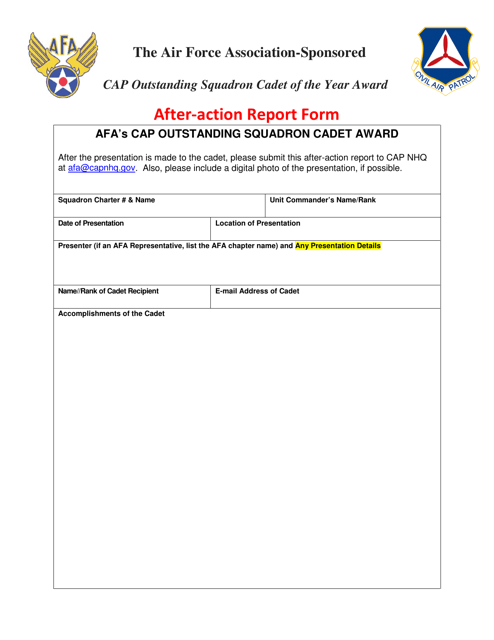 After-Action Report Form - Afa's CAP Outstanding Squadron Cadet Award Download Pdf