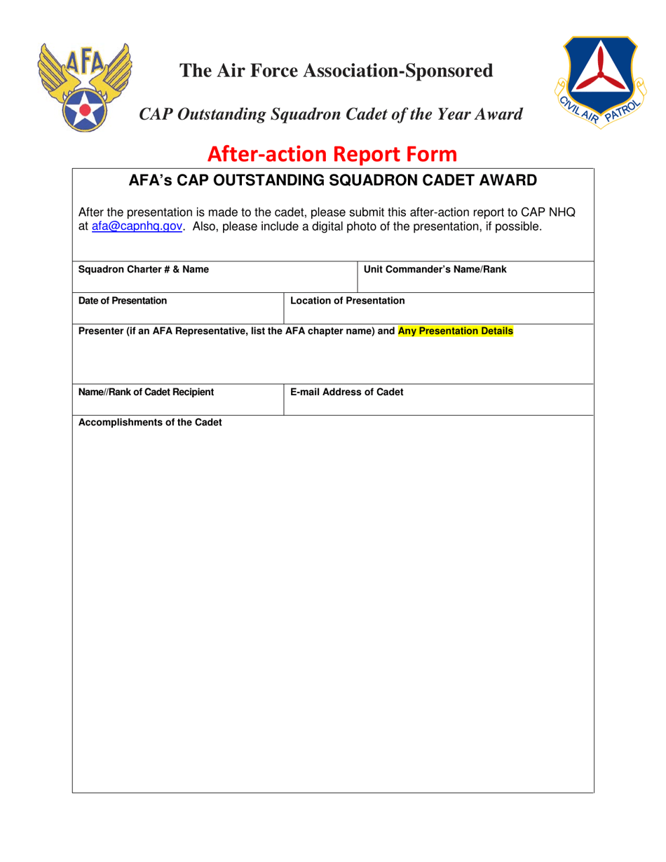 After-Action Report Form - Afas CAP Outstanding Squadron Cadet Award, Page 1